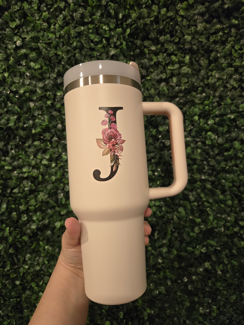 Initial J Floral Monogram Travel Mug - Blush Pink